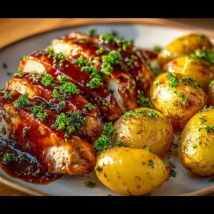 Plate of Honey BBQ Chicken with creamy garlic parmesan potatoes