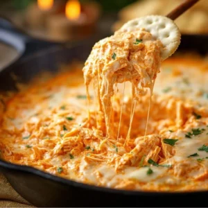 Savory stovetop buffalo chicken dip served in a bowl with tortilla chips
