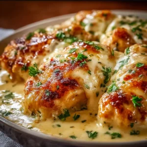Smothered cheesy sour cream chicken served on a plate with garnish.
