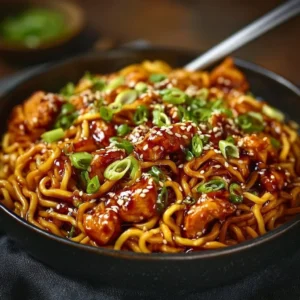 Delicious sticky garlic chicken noodles garnished with herbs and spices.
