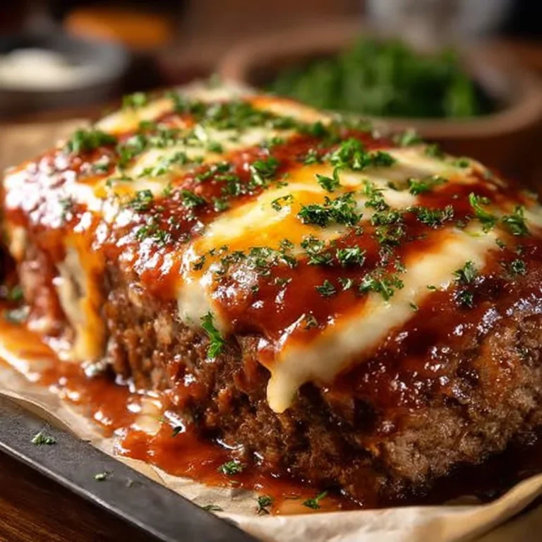 Delicious stuffed meatloaf with gooey mozzarella cheese center on a serving platter.