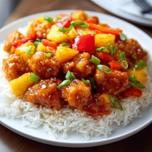 Plate of sweet and sour chicken with colorful vegetables and sauce
