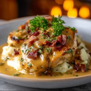Delicious Texas Roadhouse Smothered Chicken topped with savory ingredients.