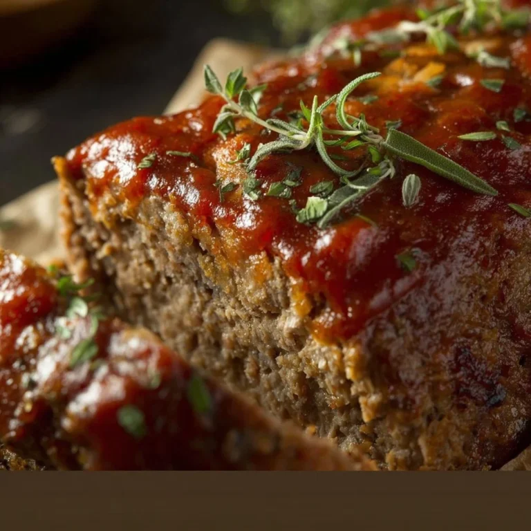 Delicious slice of the best meatloaf with garnish on a plate