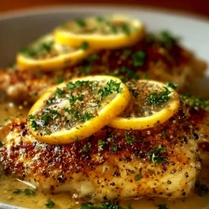 Delicious Tuscan Lemon Chicken served with herbs and lemon slices