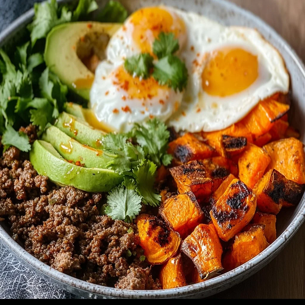 Viral ground beef hot honey bowl topped with vegetables and spicy sauce