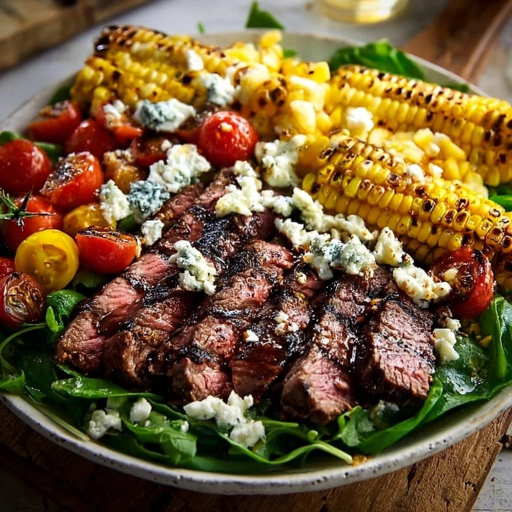 Balsamic Steak Gorgonzola Salad with Grilled Corn served on a plate.