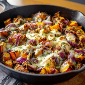 BBQ chicken sweet potato skillet in a cast iron pan, topped with herbs.