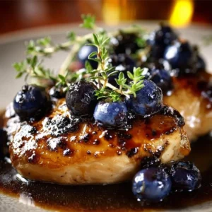 Delicious blueberry thyme chicken garnished with fresh herbs