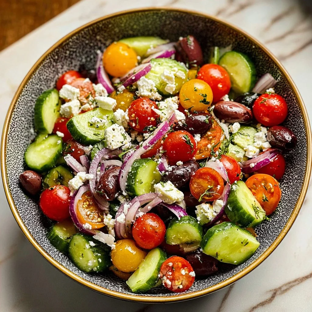 Delicious and colorful Greek salad featuring fresh vegetables and feta cheese