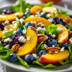 Colorful Blueberry Peach Feta Salad with fresh ingredients in a bowl