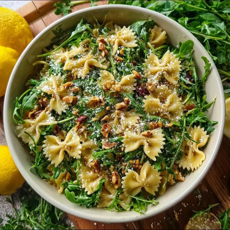 Lemon arugula pasta salad with vibrant colors and fresh ingredients