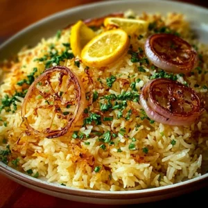 Delicious buttery onion rice served in a bowl garnished with fresh herbs.