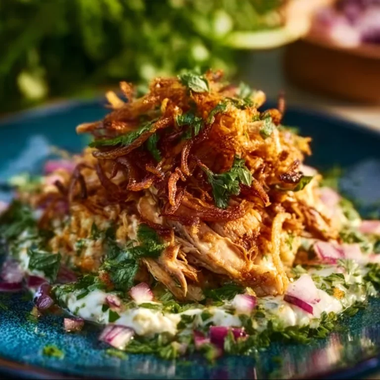 Chicken shawarma crispy rice salad garnished with fresh herbs and vegetables