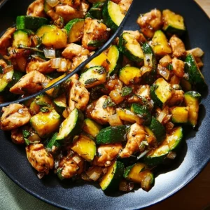 Plate of Chicken Zucchini Stir Fry with colorful veggies and chicken pieces