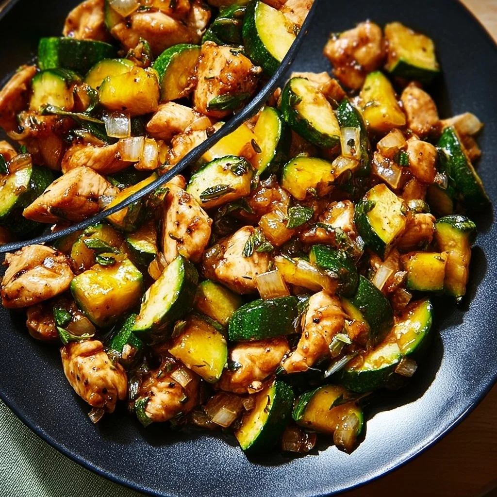 Plate of Chicken Zucchini Stir Fry with colorful veggies and chicken pieces
