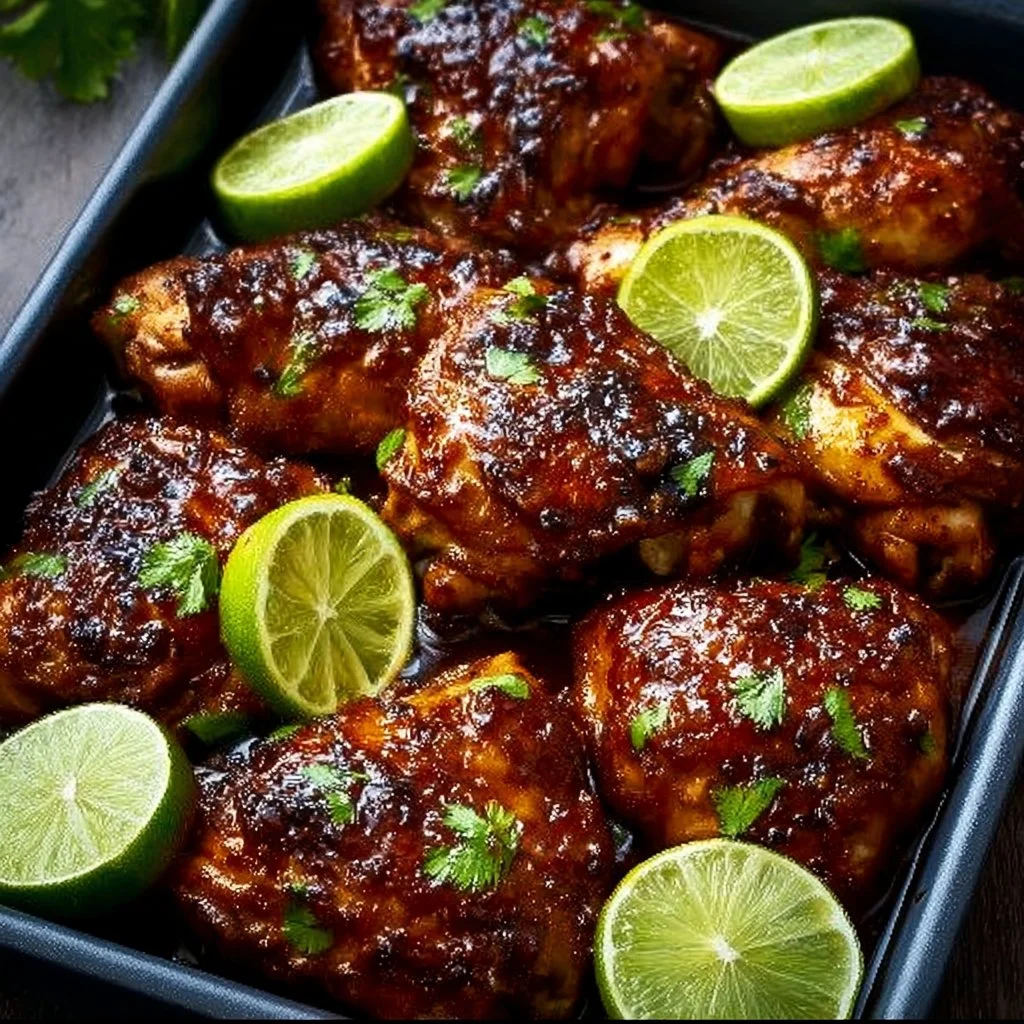 Grilled chili lime chicken garnished with fresh herbs and lime slices.