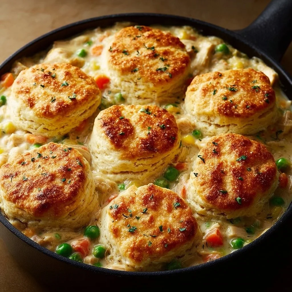 Comforting Chicken Pot Pie topped with flaky biscuits, ideal for cozy meals.