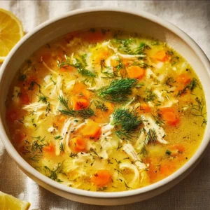 Bowl of steaming Greek Lemon Chicken Soup with fresh herbs and lemon slices.