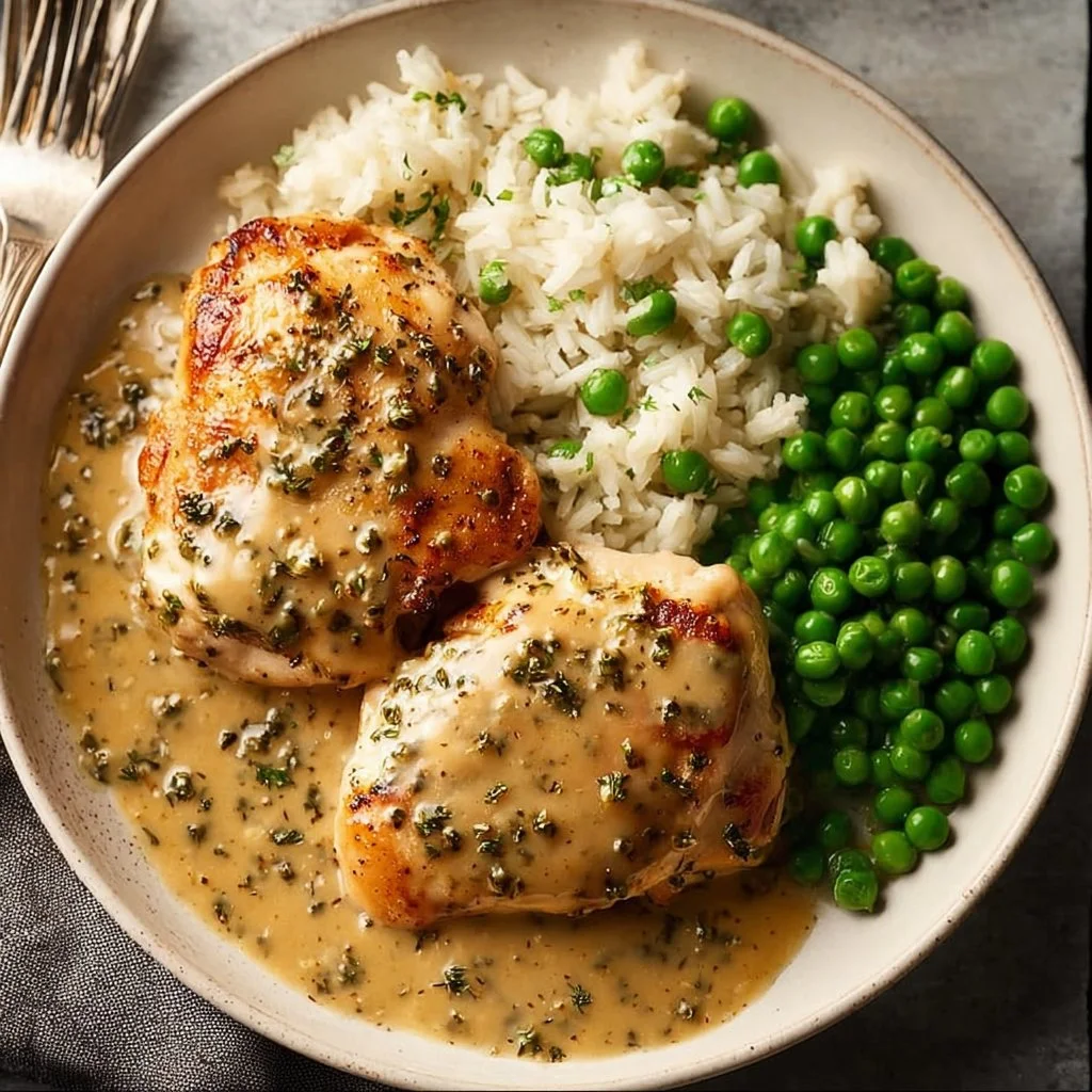 Creamy Boursin Chicken Bake served in a dish, garnished with herbs.