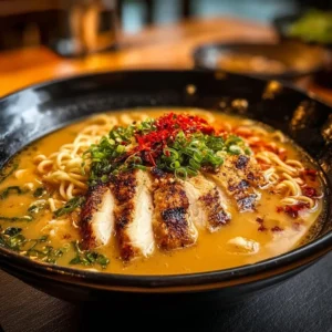 Creamy garlic chicken ramen topped with fresh herbs and vegetables