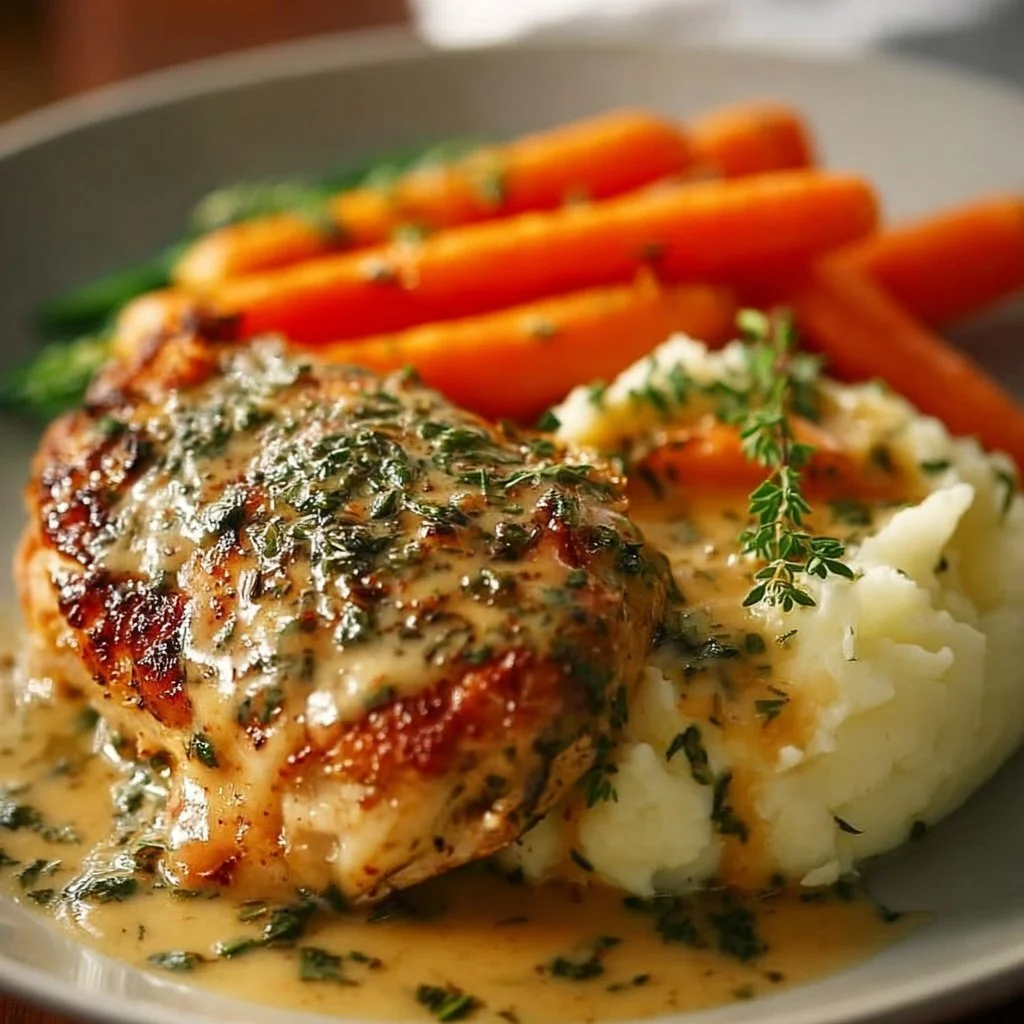 Delicious creamy herb chicken with mashed potatoes and honey glazed carrots