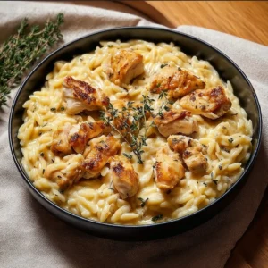Creamy orzo topped with tender chicken and herbs in a bowl