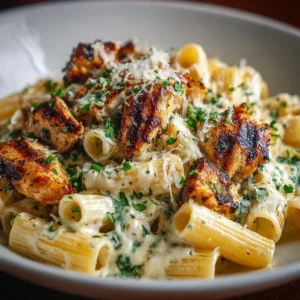 Creamy pesto chicken pasta served with fresh basil and grated cheese