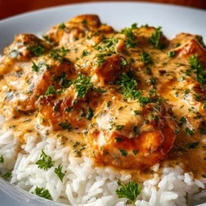 Delicious creamy smothered chicken served with rice in a cozy dinner setting.