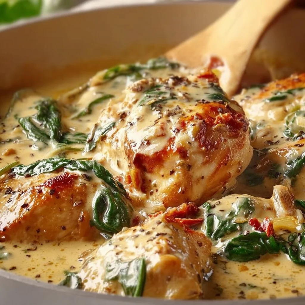 Creamy Tuscan Chicken recipe with spinach and sun-dried tomatoes.