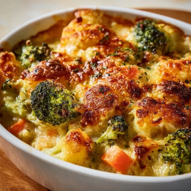 Creamy winter vegetable casserole with colorful mixed veggies and cheese
