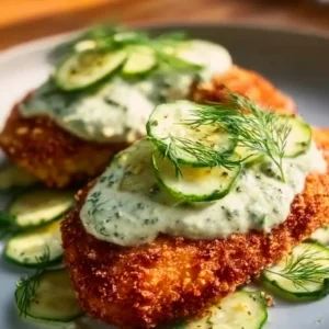 Crispy Dill Pickle Parmesan Chicken on a plate, garnished with herbs.