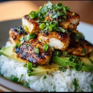 Honey lime chicken served with avocado rice stack, showcasing vibrant ingredients.