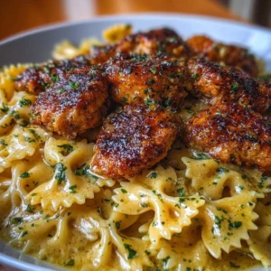 Delicious Garlic Butter Chicken served with bowtie pasta in a creamy sauce