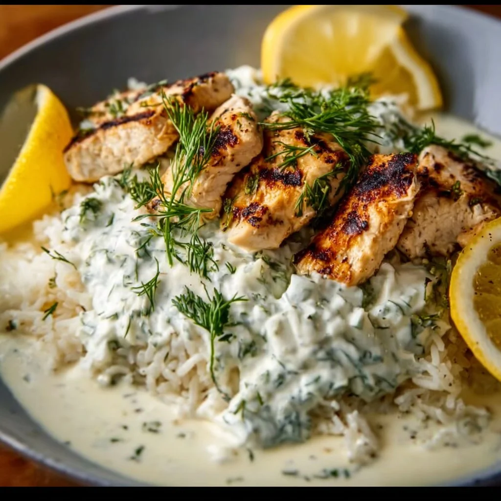 Delicious Dump-and-Bake Chicken Tzatziki Rice served in a bowl with herbs.