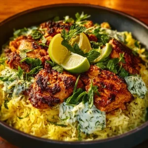 Baked Chicken Tzatziki Rice dish served with fresh herbs and lemon