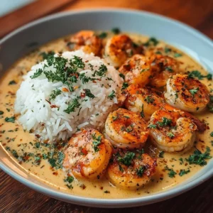 Creamy garlic shrimp served in a bowl, garnished with herbs.