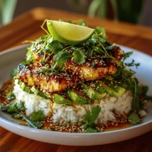 Delicious honey lime chicken served with avocado rice stacks.