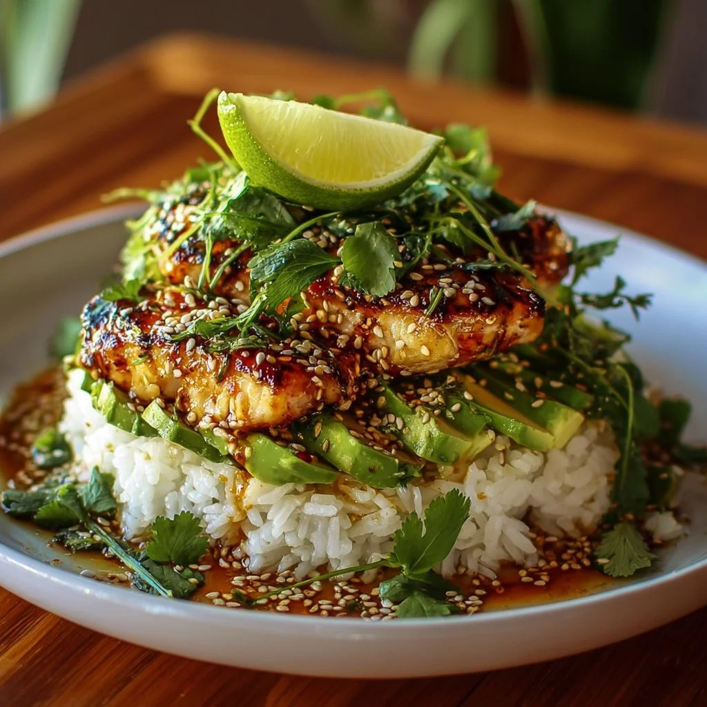 Delicious honey lime chicken served with avocado rice stacks.