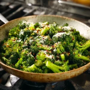 Healthy Garlic Parmesan Broccoli side dish garnished with cheese and garlic.