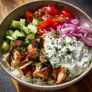 Delicious Greek Chicken Rice Bowl with fresh ingredients and vibrant flavors.