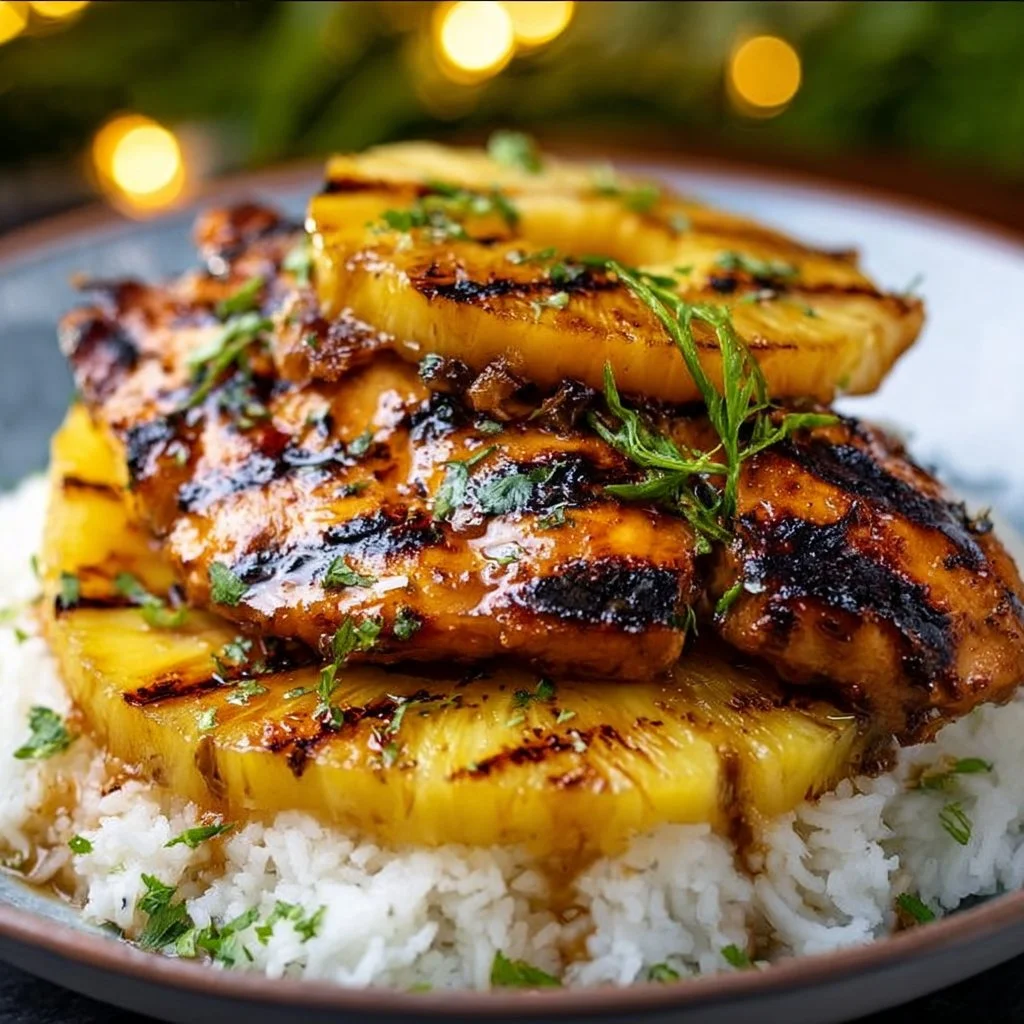 Delicious Hawaiian Chicken served with pineapple and coconut rice