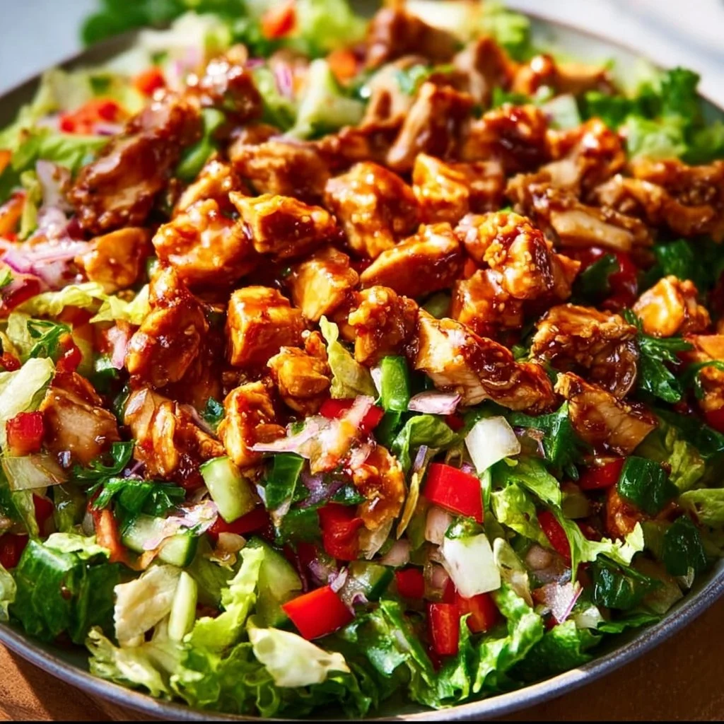 Delicious Honey Hot Chicken Salad topped with spicy honey sauce and fresh greens