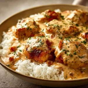 Delicious plate of smothered chicken and rice garnished with herbs.