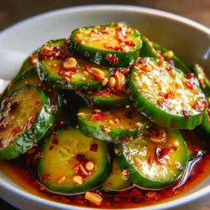 Korean Cucumber Salad with spices and seasonings served in a bowl
