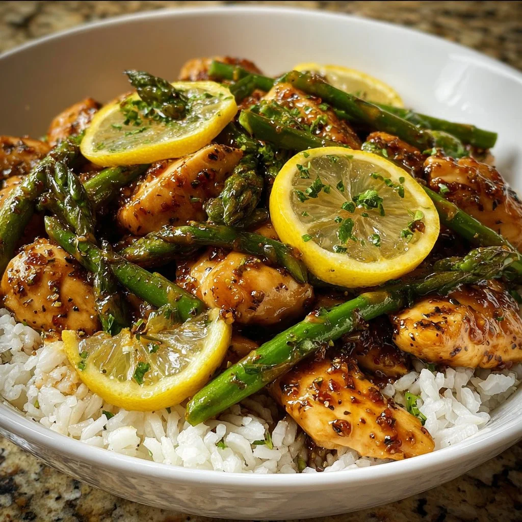 Lemon chicken stir-fry with asparagus served in a bowl