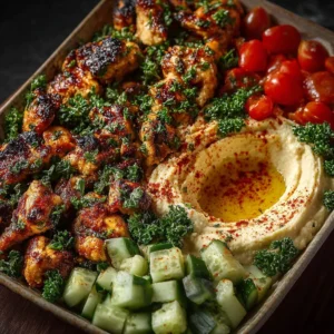 Lemon chili grilled chicken bowls with fresh cucumber salad and hummus