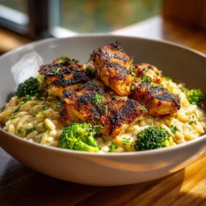 Plate of lemon pepper chicken with broccoli and orzo garnished with herbs