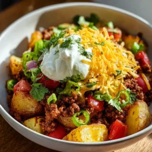 Delicious Loaded Potato Taco Bowl topped with fresh ingredients and creamy sauce.