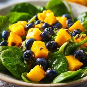 Mango Salad with Spinach and Blueberries in a fresh bowl